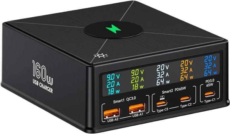 Зарядний пристрій настільний ASOMETECH 868H 160W PPS PD3.0 QC3.0 2USB/3Type-C/Wireless/LED Black (43049)