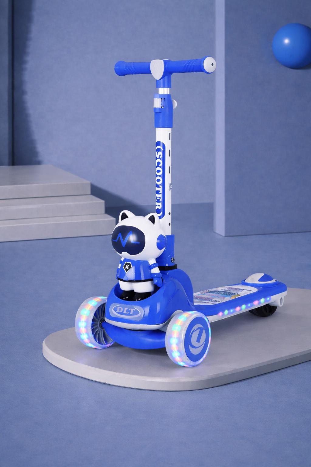 Самокат складной детский трехколесный с LED-подсветкой и музыкой 60x25x77 см регулируемый руль синий