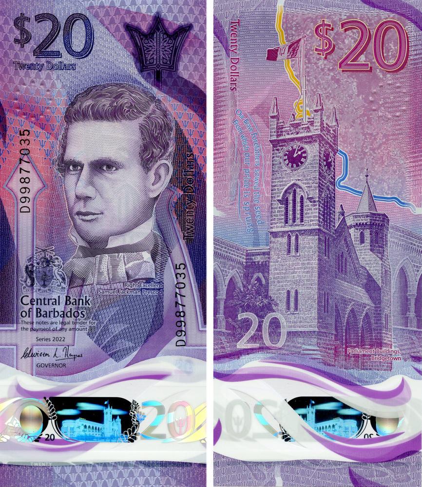Коллекционная банкнота Барбадос 20 долларов 2022 Полимер UNC Pnew (Б17876)