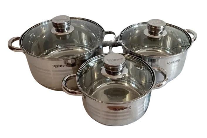 Набор кастрюль Rainberg RB-605 из 3-х кастрюль 6,3/7,1/9,4 л с крышками из нержавеющей стали 6 предметов (1947626080)