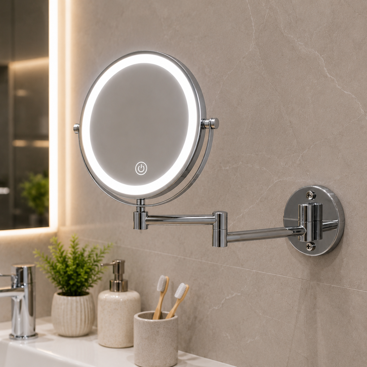 Зеркало настенное для ванной комнаты с LED-подсветкой двухстороннее с увеличением х3 20 см (36318264)