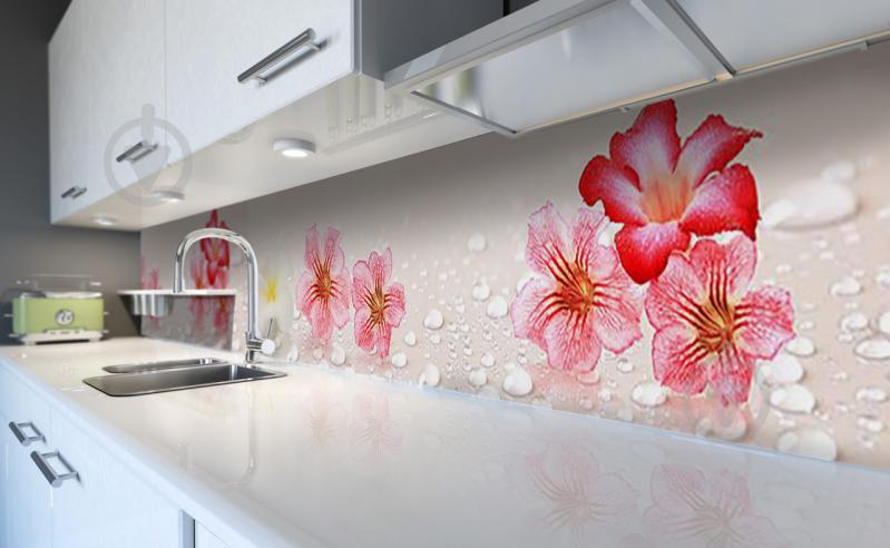 Скинали на кухню Zatarga  "Крупные Цветы и капли Воды"  650х2500 мм виниловая 3Д наклейка кухонный фартук Z181744/1