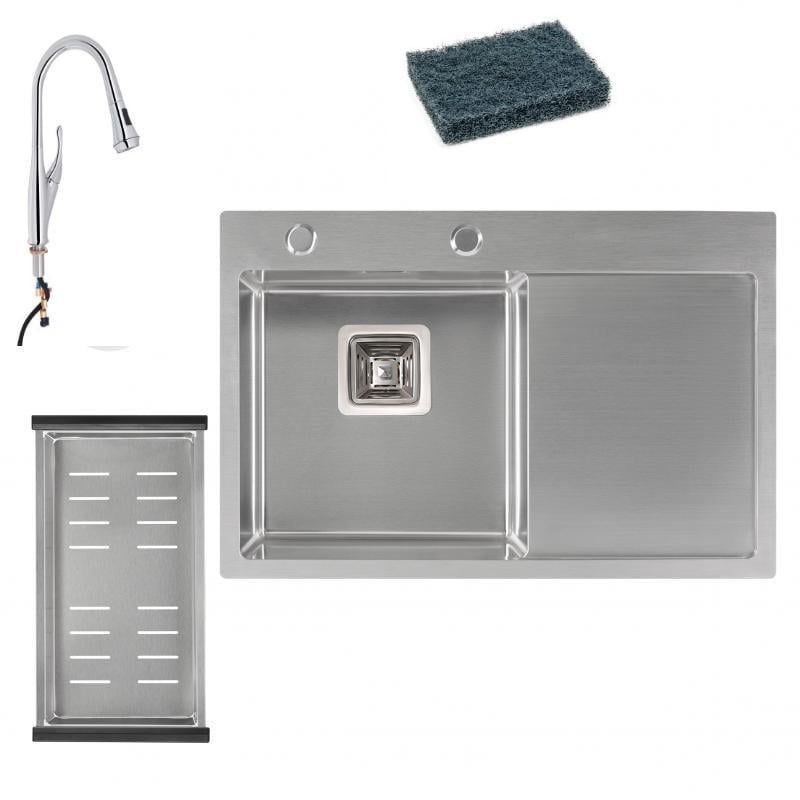 Мойка для кухни DK6845L Qtap/смеситель Swan 9168103UN для кухни с выдвижным изливом QT и губка для стали - фото 1
