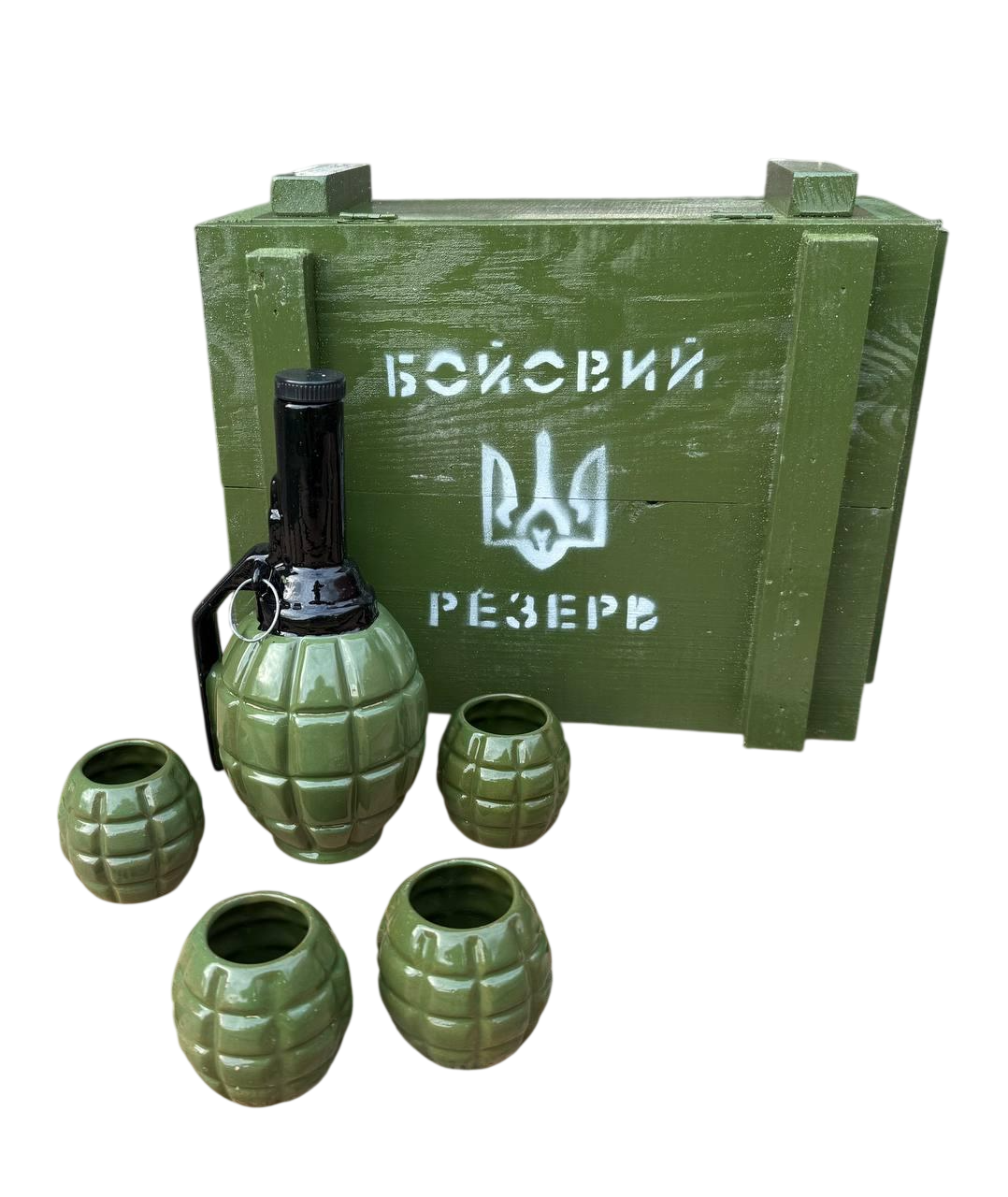 Подарунковий набір для алкоголю чоловічий "Бойовий Резерв" Граната з чарками у ящику Зелений (35281266)