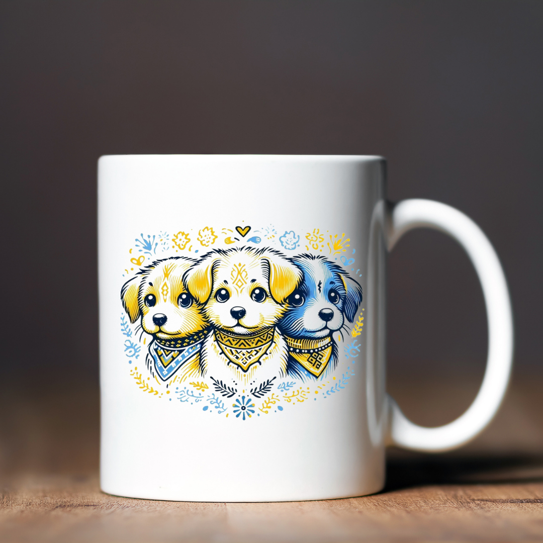 Чашка керамічна глянцева "Цуценята синьо-жовті" 330 мл Білий (001469)