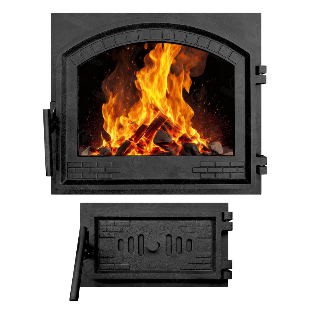 Комплект чавунних дверцят замковий з вогнетривким склом XL 490x420 мм/піддувальний з регулятором замкової тяги 330х190 мм