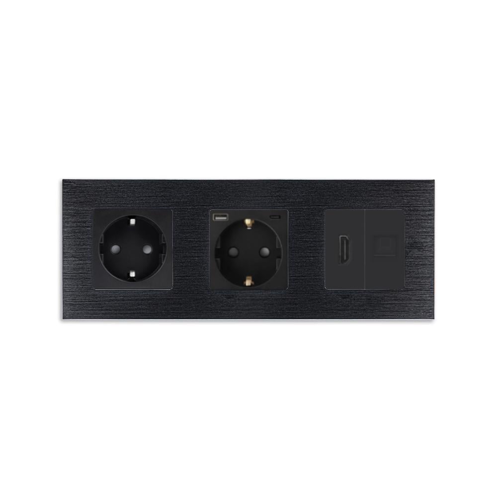 Розетка WALLPAD с USB 20Вт HDMI/интернет RJ-45 с заземлением/шторками 250В 16А алюминиевая рамка Черный (WP-M3FGACHDMICAT6-BK)