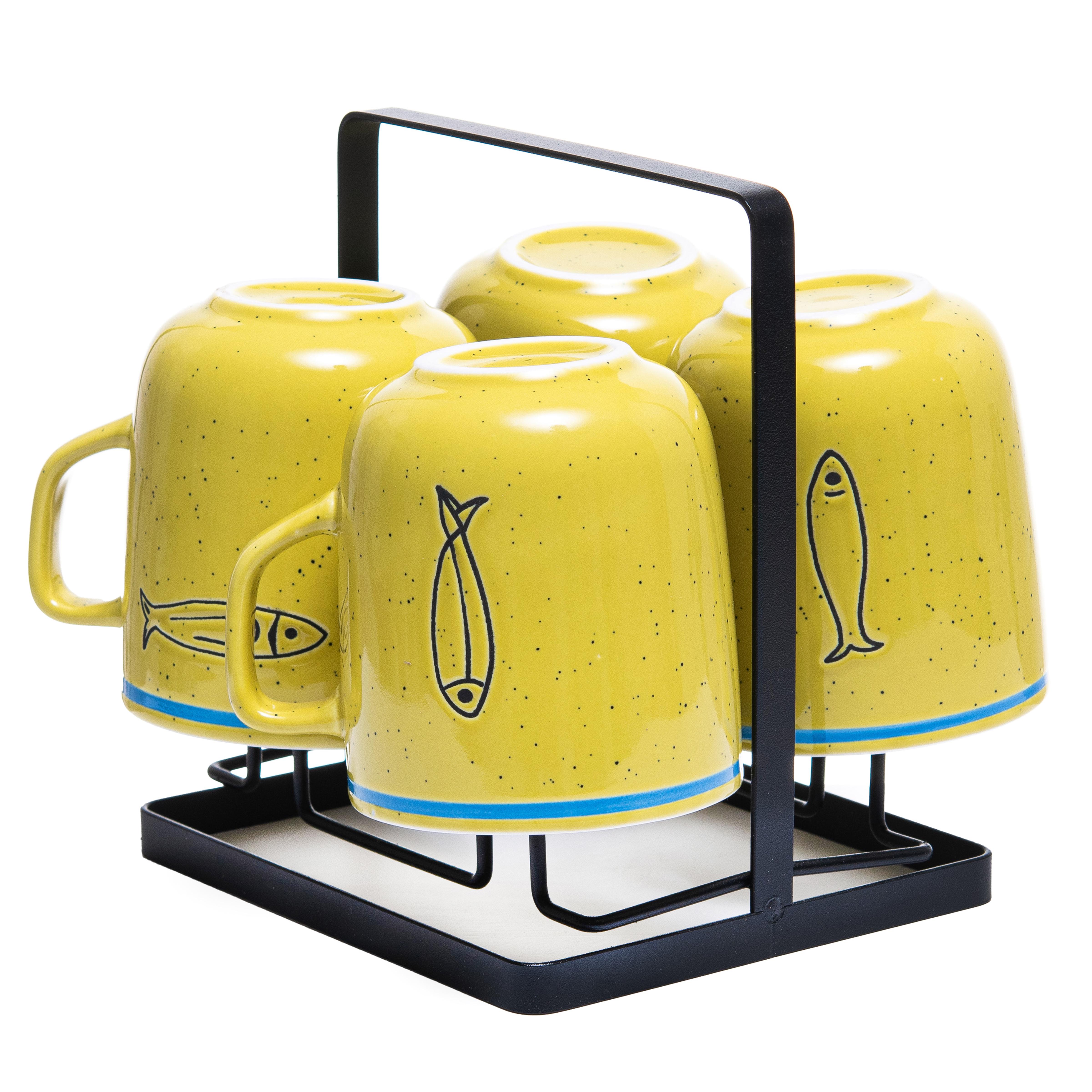 Набор чашек elemi Fish&Chill с подставкой керамика/металл 390 мл 4 шт. Желтый/Голубой (УТ-00094453)