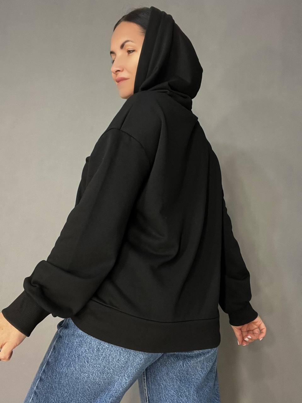 Худи женское JOGGY 8072 оверсайз с капюшоном удлиненное с карманами и молнией S Черный (3322) - фото 6 Худи женское JOGGY 8072 оверсайз с капюшоном удлиненное с карманами и молнией S Черный (3322) - фото 6
