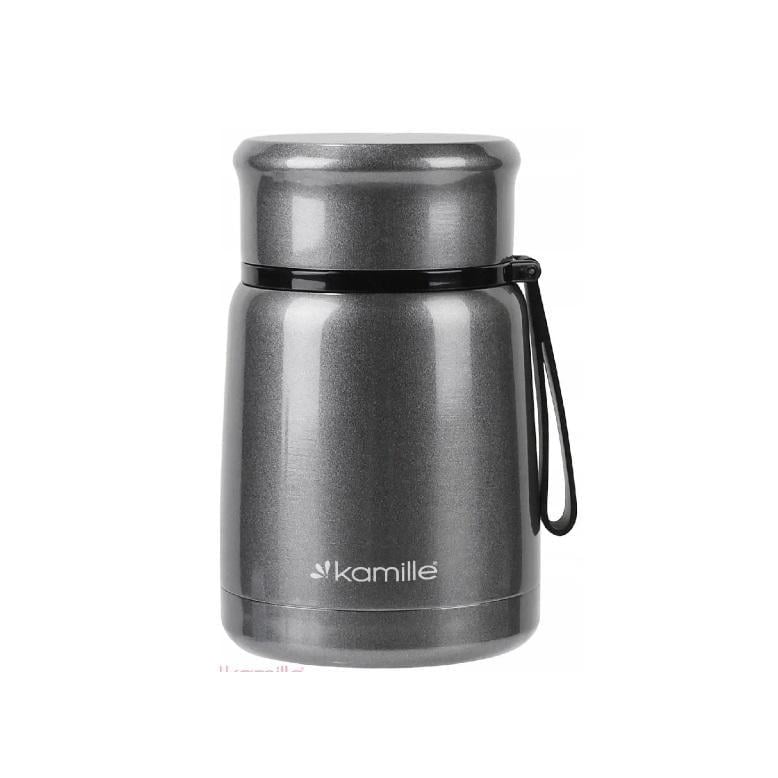 Термос пищевой Kamille KM-2099 из нержавеющей стали 530 мл с ложкой и ремешком Серебряный (150-84-2099.1)