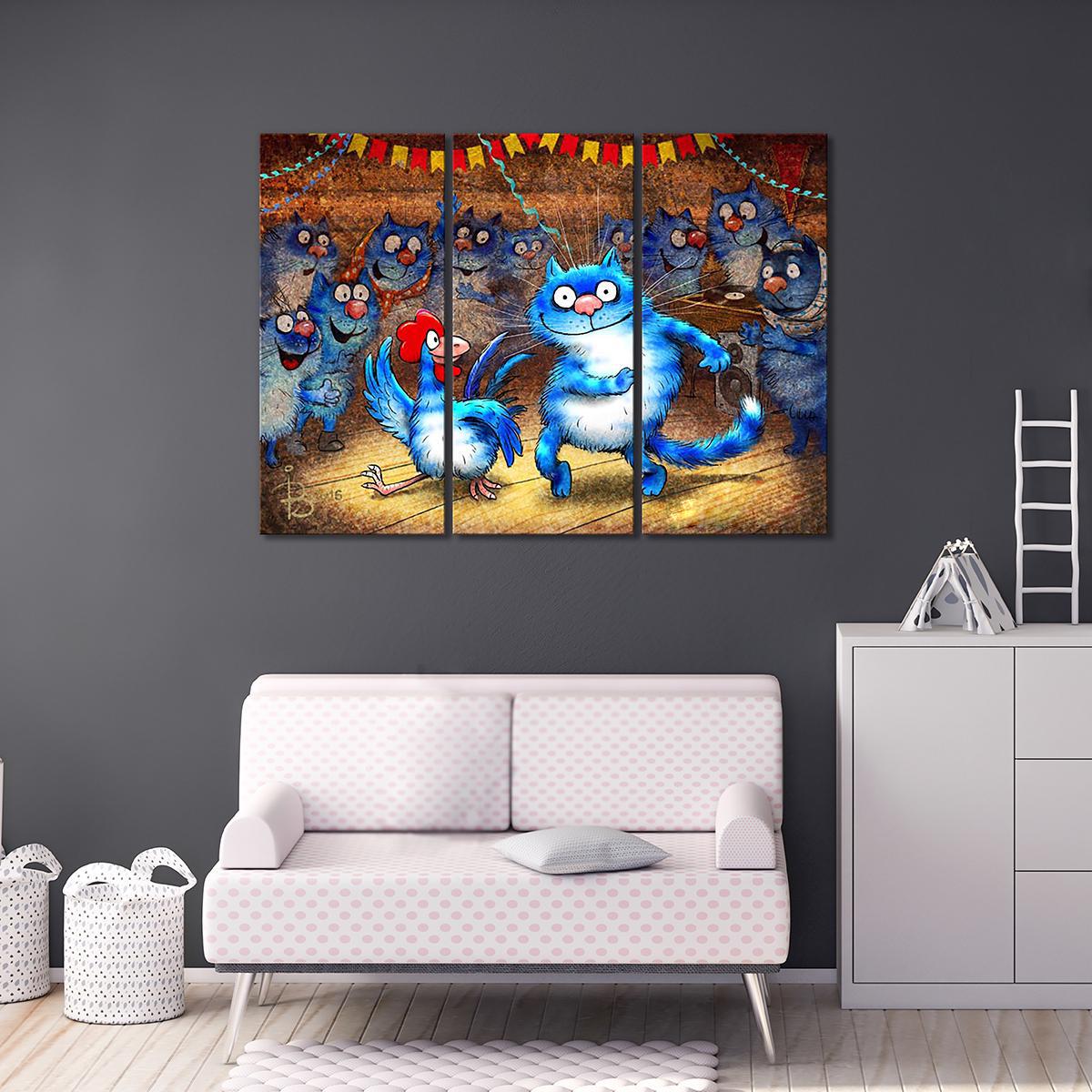 Модульная картина Кот и Петух зажигают в клубе 3 модуля 80x120 см