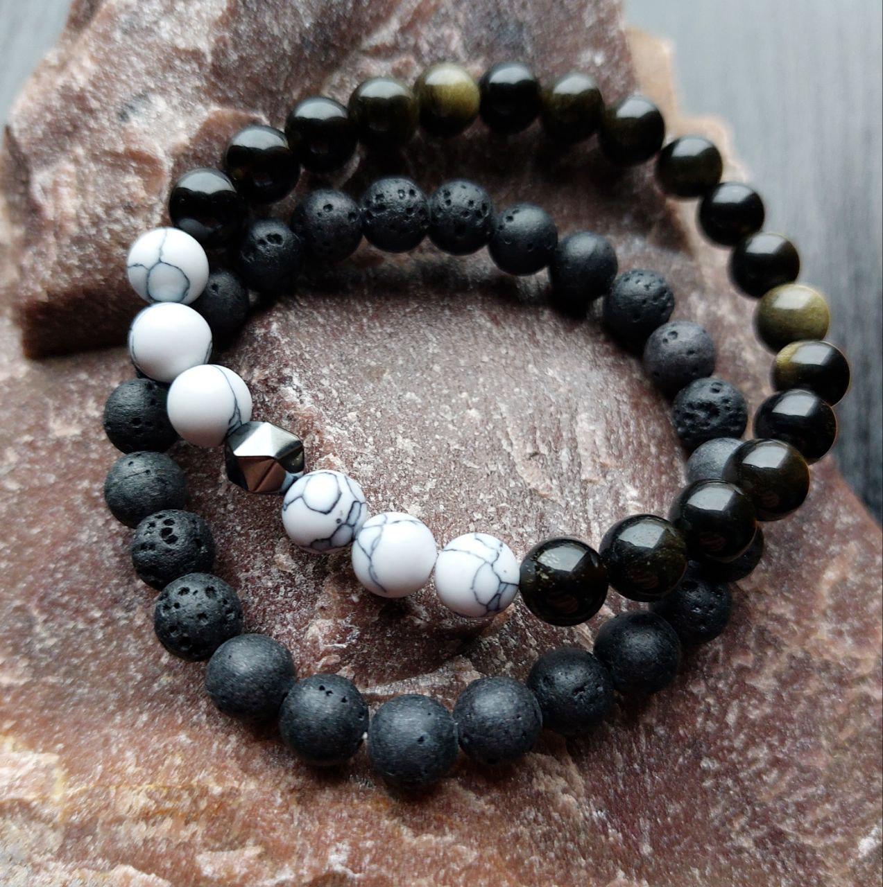 Браслет LITAURS из натуральных камней обсидиан/лавовый камень и вставками говлит/гематит М 15-17 см 2 шт. (250207)