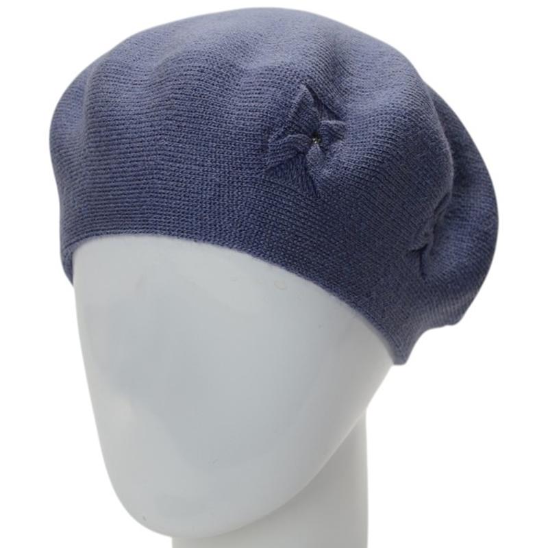 Берет женский двойной тонкой вязки Lirus Баунти с узором и стразами Джинсовый