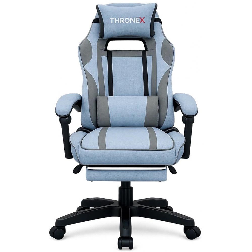Кресло геймерское дизайнерское ThroneX тканевое с массажной подушкой/подножкой до 130 кг Голубой с серым (linen 007)