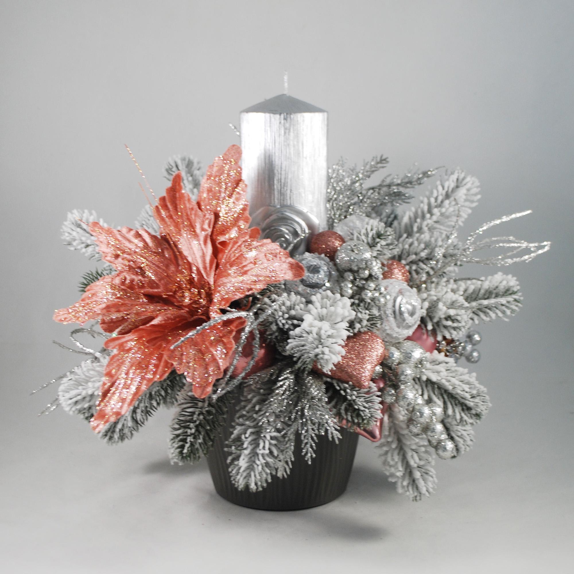 Новогодняя композиция со свечой Серебряный/Розовый/Белый (5349996)