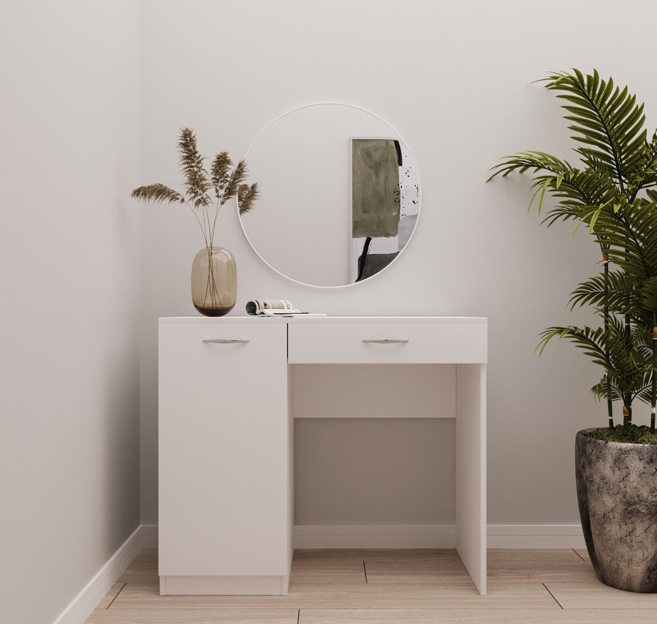 Туалетний столик New and Classic із круглим дзеркалом 750х900х450 мм Білий (ТЗ-1 ручки-1) - фото 2