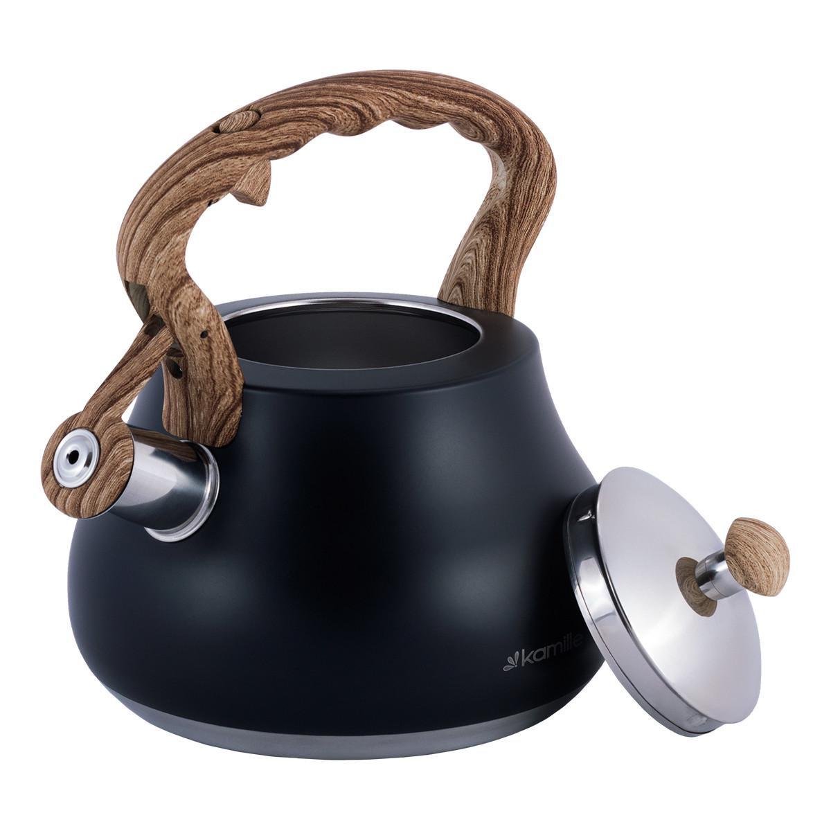 Чайник зі свистком Kamille KM-1092 із нержавіючої сталі та нейлоновою ручкою з покриттям soft-touch під дерево 2,7 л Чорний (150-84-1092) - фото 4 Чайник зі свистком Kamille KM-1092 із нержавіючої сталі та нейлоновою ручкою з покриттям soft-touch під дерево 2,7 л Чорний (150-84-1092) - фото 4