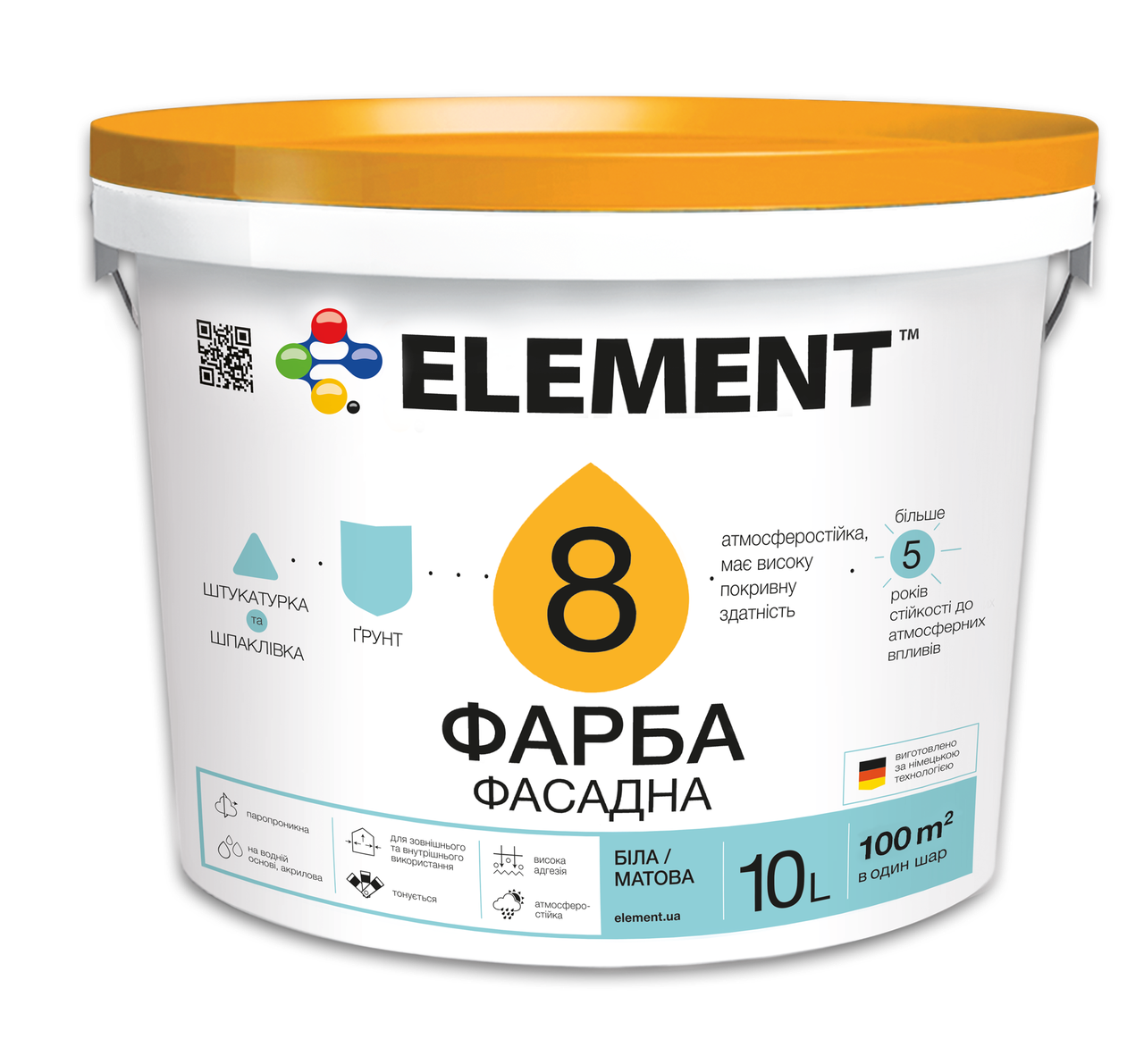Краска фасадная для стен Element 8 10 л Белый В1 (27709967)