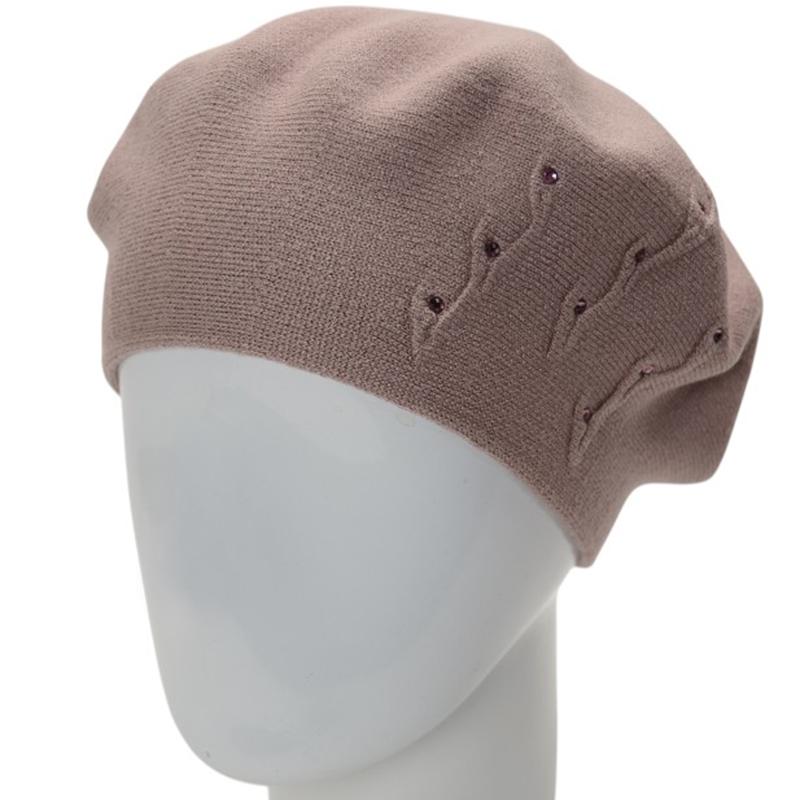 Берет женский вискозный двойной Novita Флорина с узором сбоку и стразами Какао