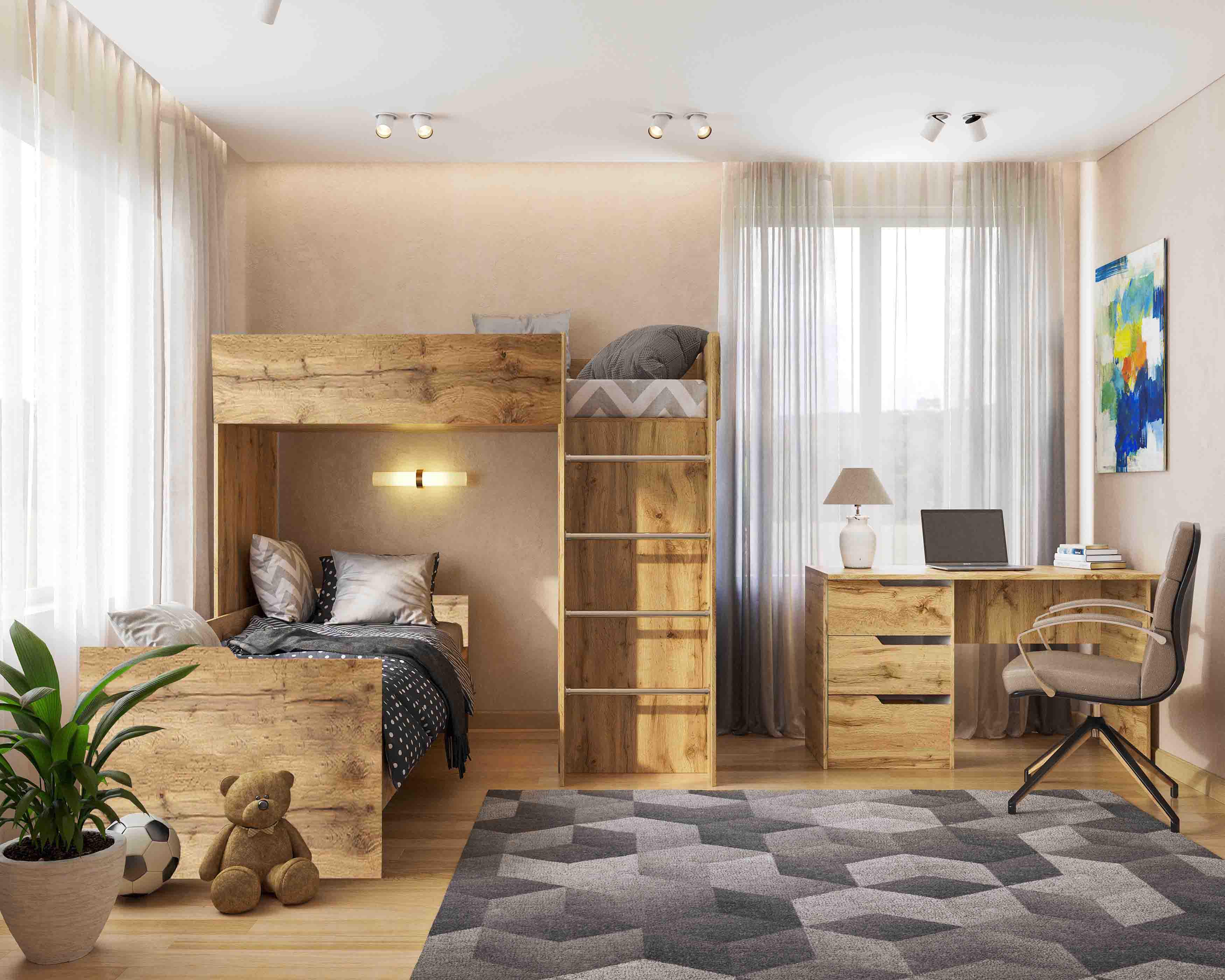 Комплект для детской BED-ROOM 3 две кровати/шкаф и письменный стол 1940x1020x1690 мм Дуб Тахо