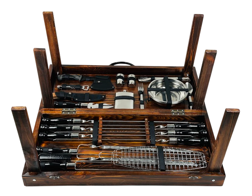 Набор шампуров подарочный Grill Master LUX трансформер из нержавеющей стали в деревянном кейсе Коричневый (14-10-KS-7302)