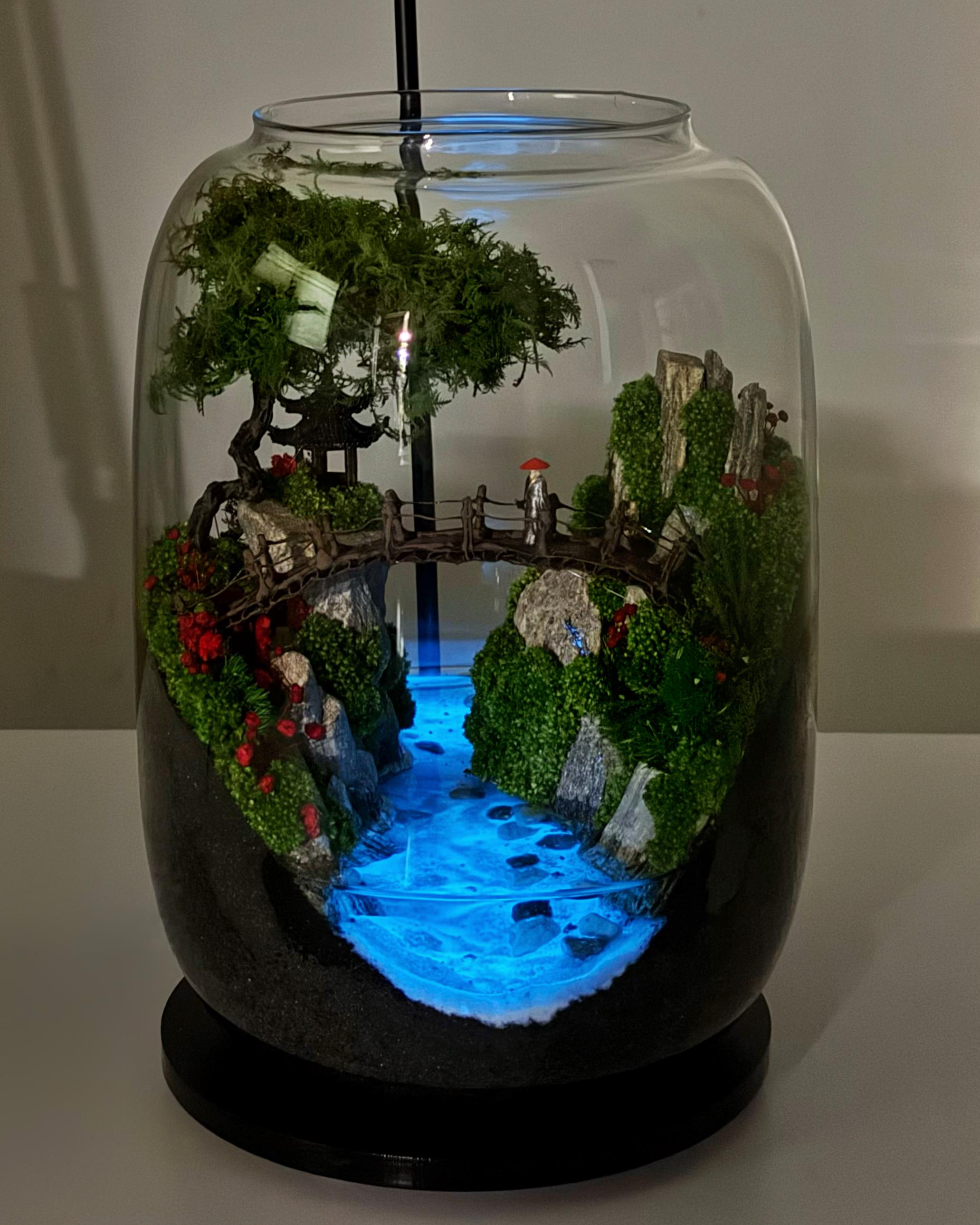 Флораріум Східний сад зі стабілізованими рослинами водоймою та лампою 30х16 см