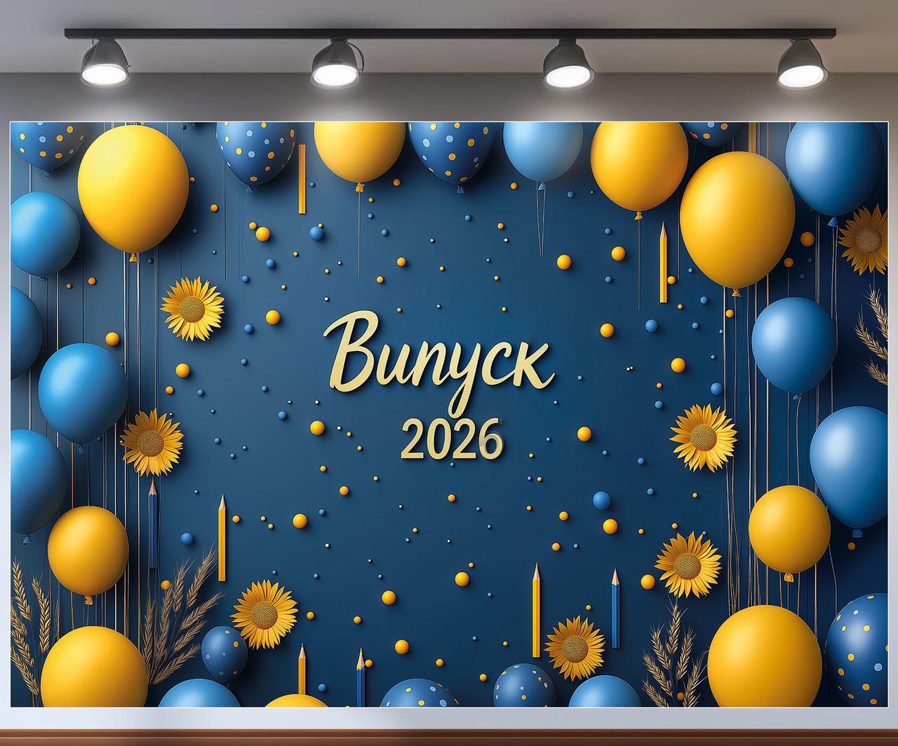 Баннер для фотозоны "Випуск 2026" сине-желтые шарики и мелкие подсолнухи на синем фоне 180x120 см №41321 Баннер для фотозоны "Випуск 2026" сине-желтые шарики и мелкие подсолнухи на синем фоне 180x120 см №41321