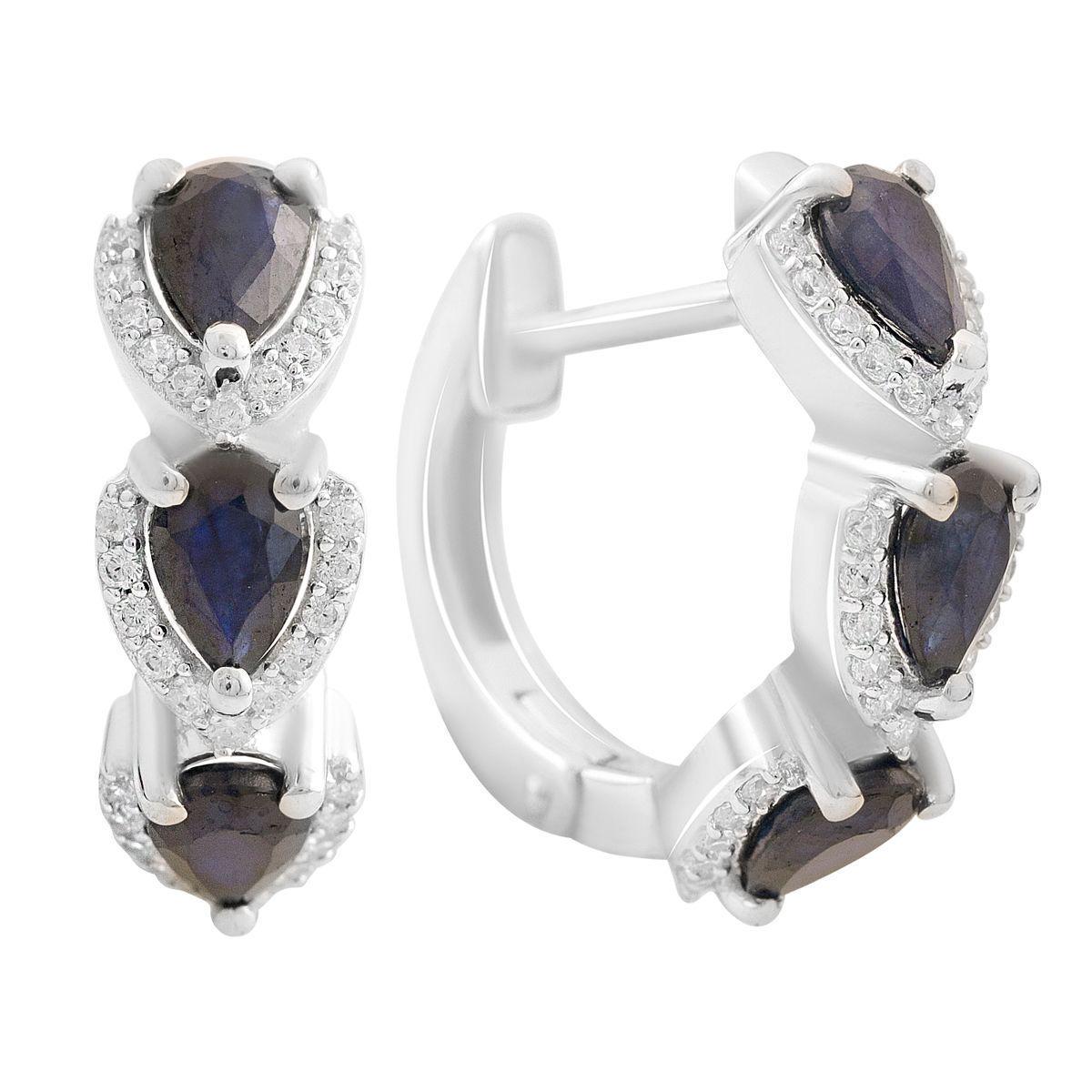 Серебряные серьги-кольца LoveR с натуральным сапфиром в форме капли и прозрачными фианитами