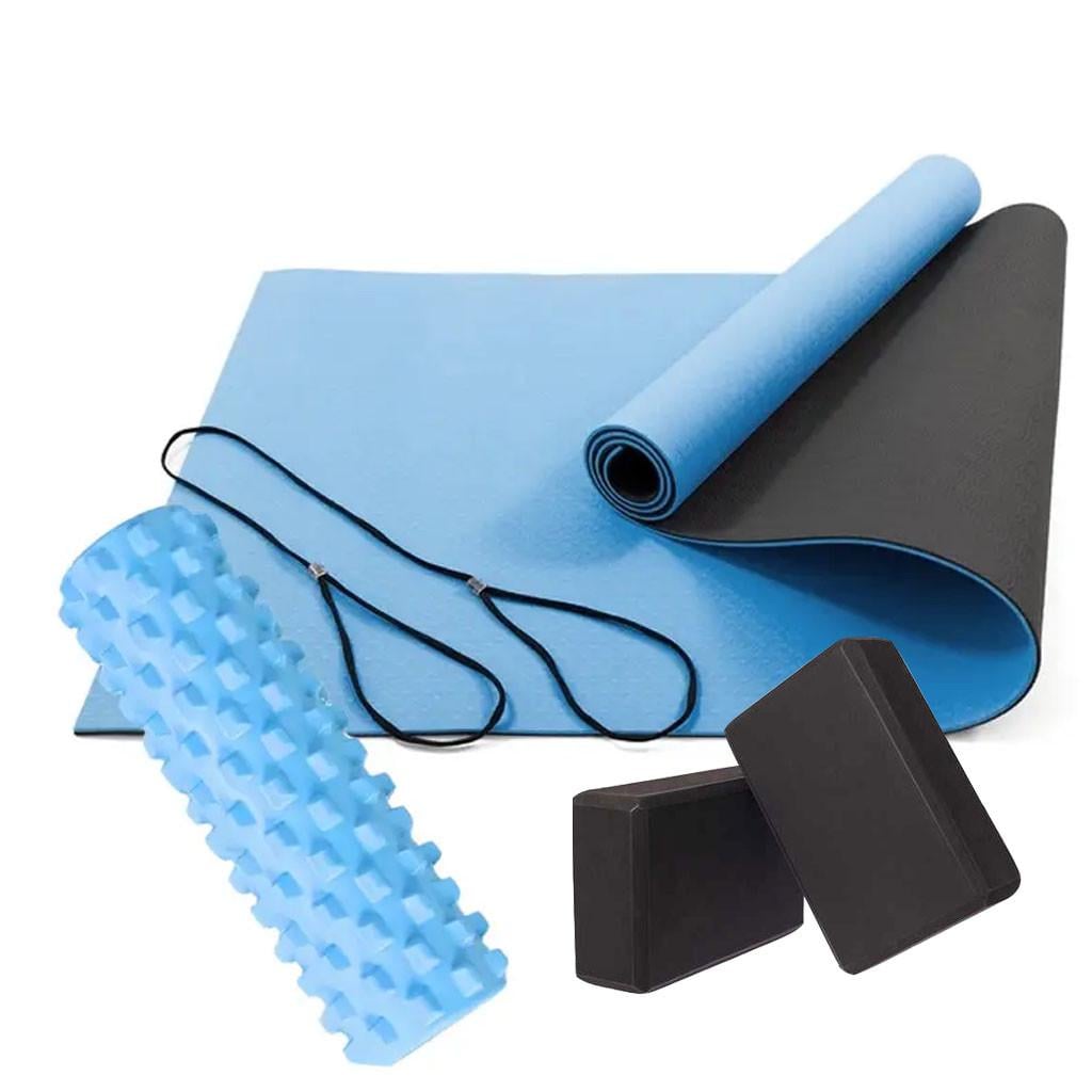 Набор для йоги фитнеса МФР ролл-массажер 45х13 см и коврик для йоги двусторонний и 2 блока Синий Набор для йоги фитнеса МФР ролл-массажер 45х13 см и коврик для йоги двусторонний и 2 блока Синий