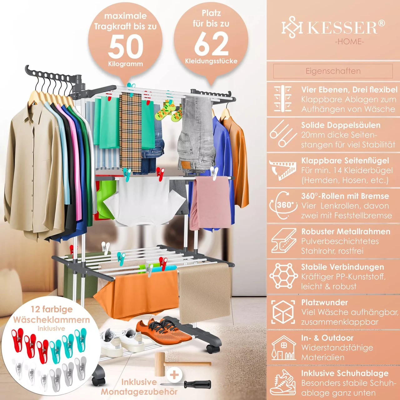 Сушарка для білизни KESSER 126 см 50 кг (4255598324540) - фото 5 Сушарка для білизни KESSER 126 см 50 кг (4255598324540) - фото 5