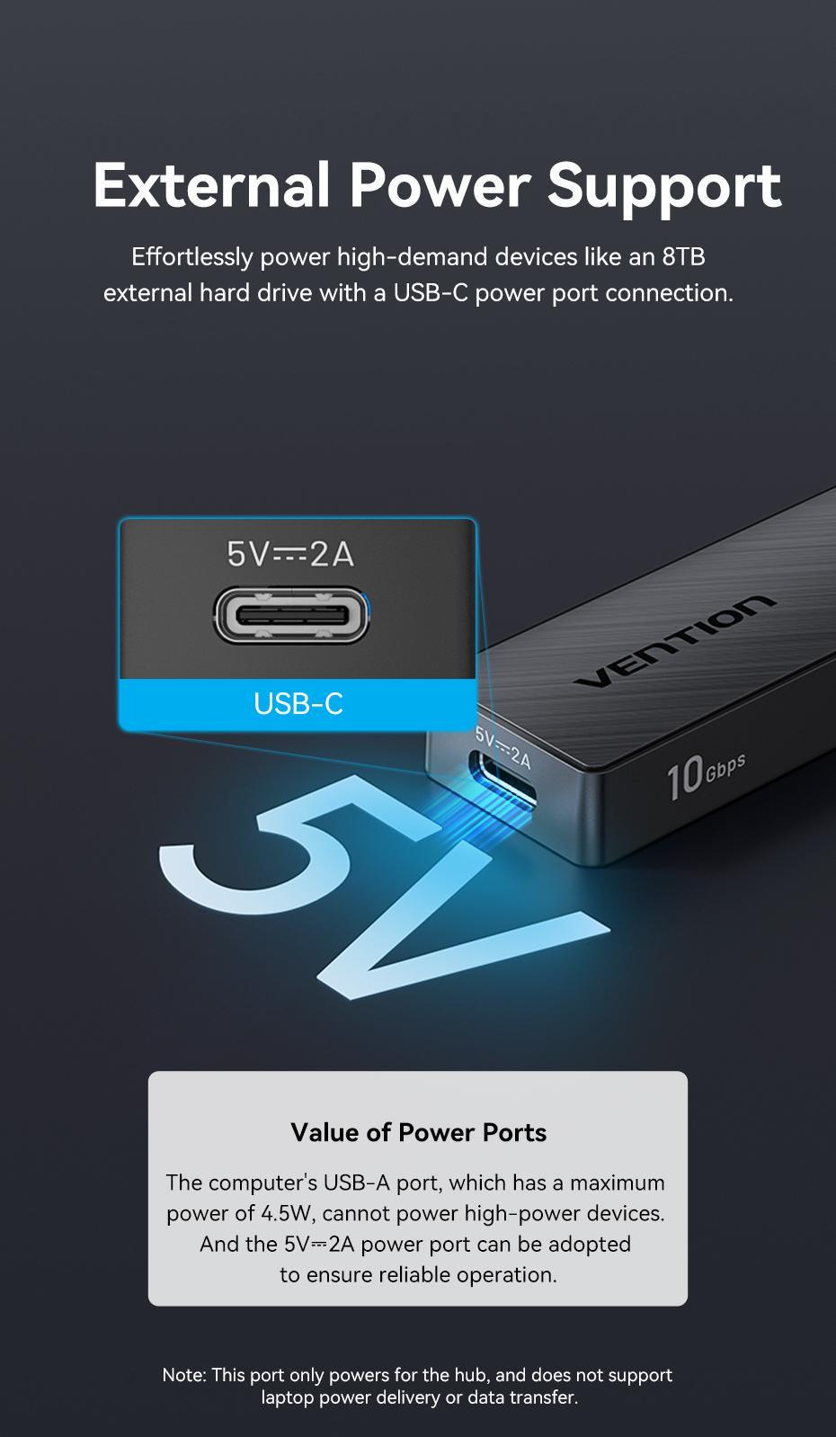 USB-хаб Vention USB-2x USB-A 3.2 Gen2 10 Гбіт/с 2x USB-C 3.2 Gen2 10 Гбіт/с Type-C 10Вт USB-A Чорний (CHSBB) - фото 8