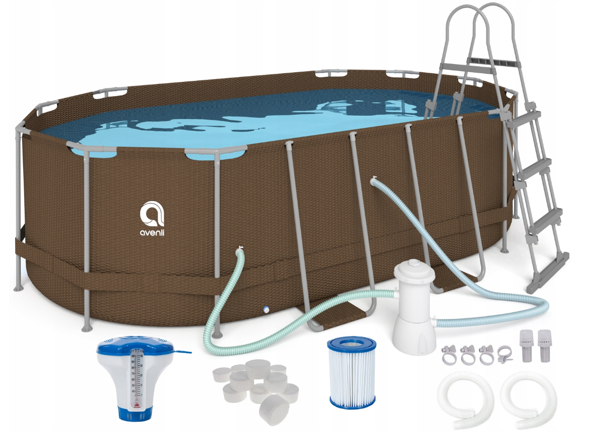 Бассейн каркасный с лестницей, сливным клапаном и фильтром Avenli 2820 16в1 8073 л 427x275x100 см овальный Коричневый (leo-139890)