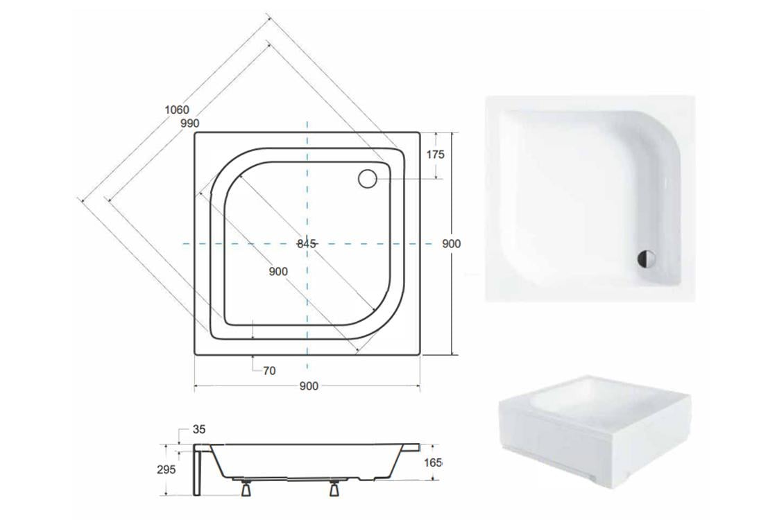 Душевой поддон Besco ARES акриловый квадратный 90х90x15/25 см (1227455087) - фото 3