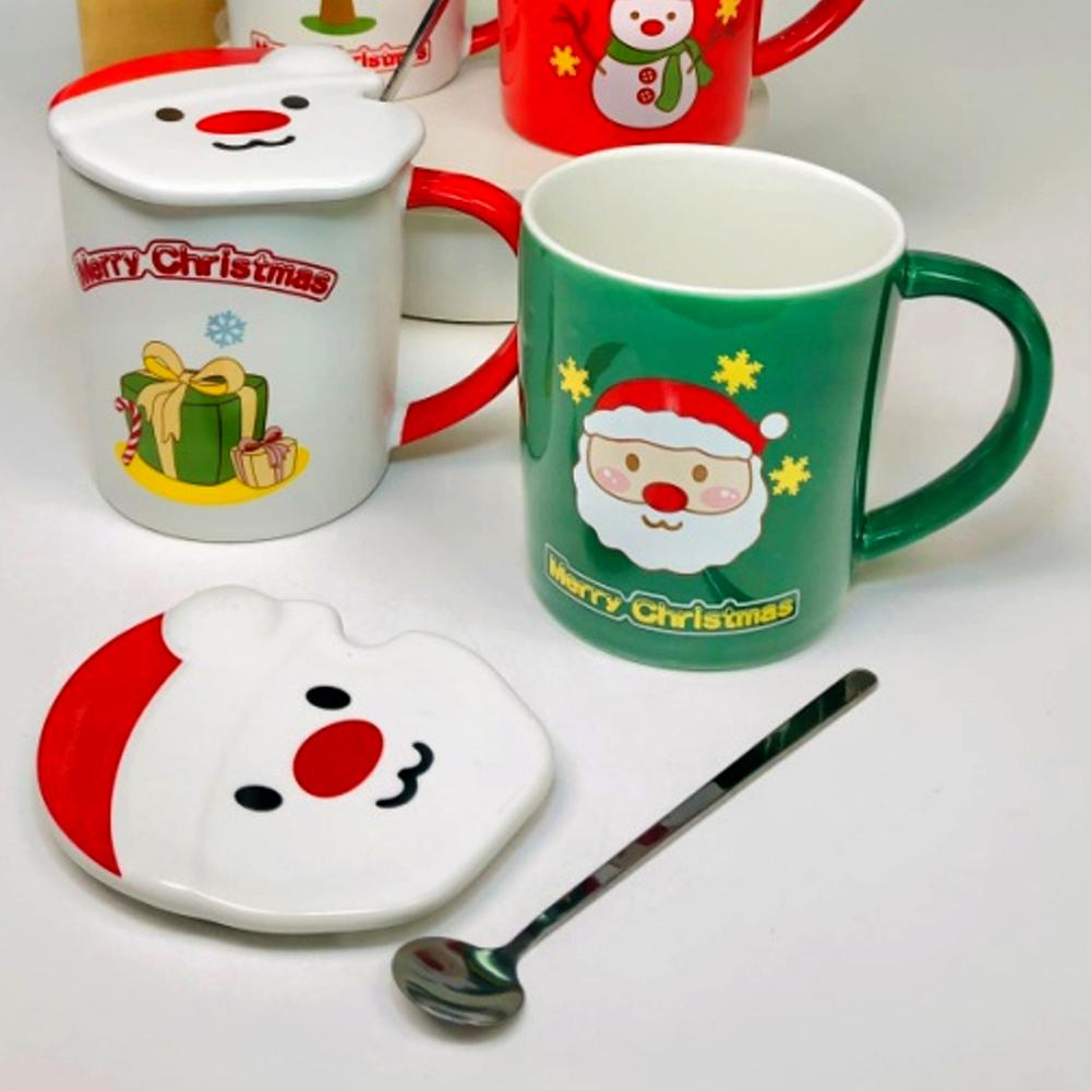 Чашка новорічна з кришкою і ложкою Санта кераміка 380 мл Зелений - фото 4