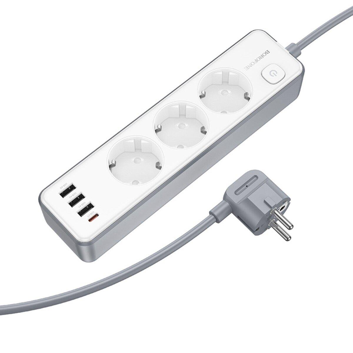Удлинитель Borofone BAC9 Power 3 розетки USBx4 Type-C/3xUSB-A 20 Вт 3 м Белый (620072)