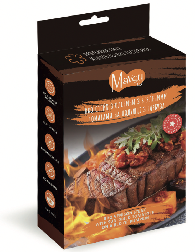 Лакомство для собак Mavsy Refined jerky стейк из оленины с вялеными томатами на подушке из тыквы 100 г (800802)