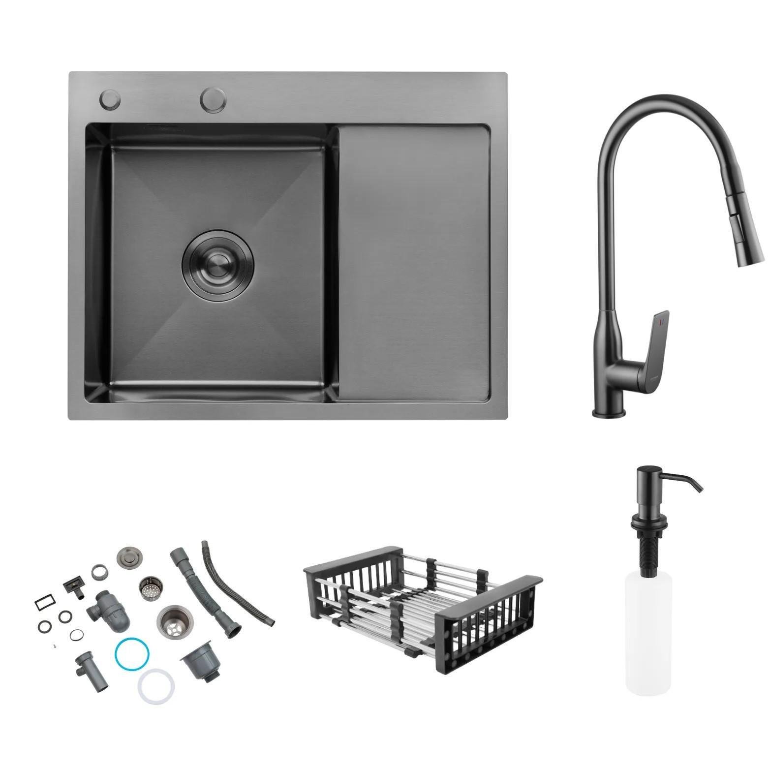 Мойка кухонная Lidz H6350BL PVD 3,0/1,0 мм Brush 630х500/215 мм/смеситель с выдвижным изливом Kroner Graz-GRP030-T