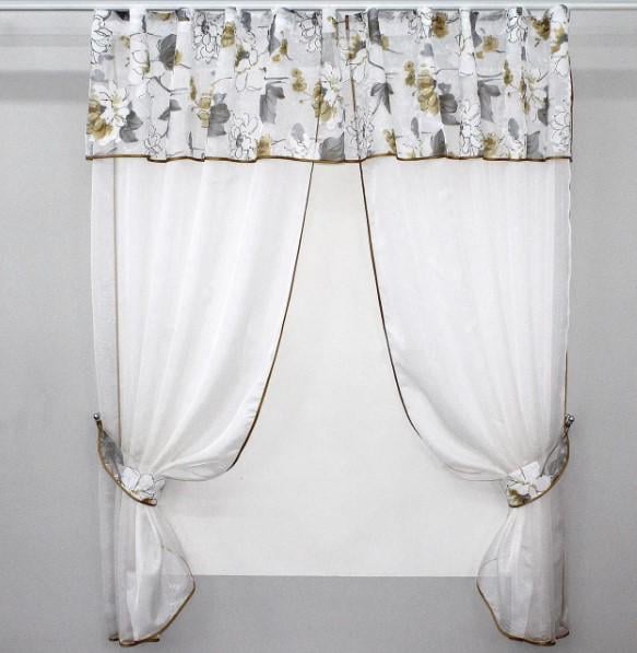 Комплект штор на кухню с ламбрекеном подвязками 270х170 см Молочный/Серый (084к)