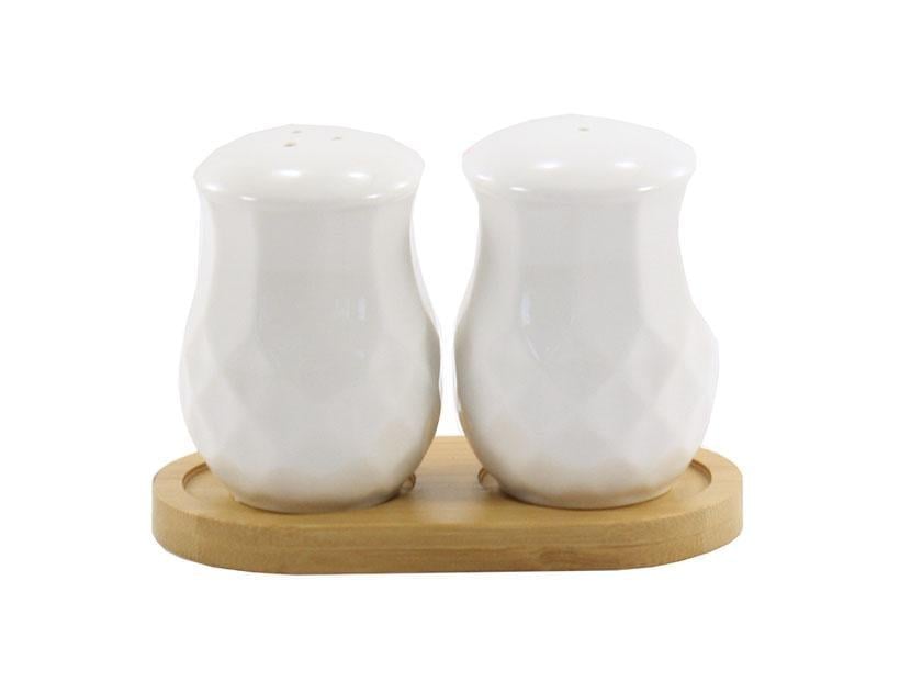Набір ємностей для спецій порцеляновий Interos на дерев'яній підставці сільничка та перечниця Білий (PJ02812-B) Набір ємностей для спецій порцеляновий Interos на дерев'яній підставці сільничка та перечниця Білий (PJ02812-B)