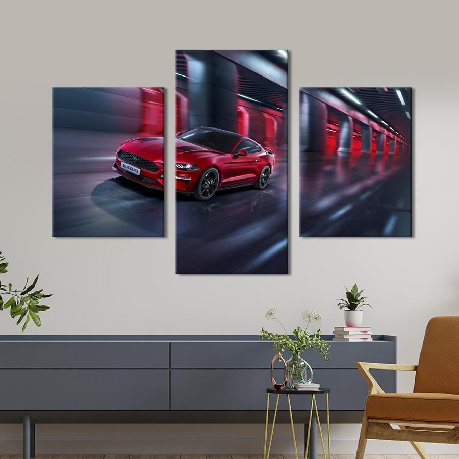 Картина на холсте триптих Роскошный красный Ford Mustang 66x40 см (1320-32)