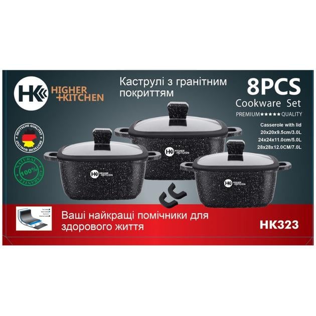 Набір каструль з кришками Higher Kitchen HK 325 із гранітним антипригарним покриттям 8 предметів 20/24/28 см Чорний (323ERDАА) - фото 6 Набір каструль з кришками Higher Kitchen HK 325 із гранітним антипригарним покриттям 8 предметів 20/24/28 см Чорний (323ERDАА) - фото 6