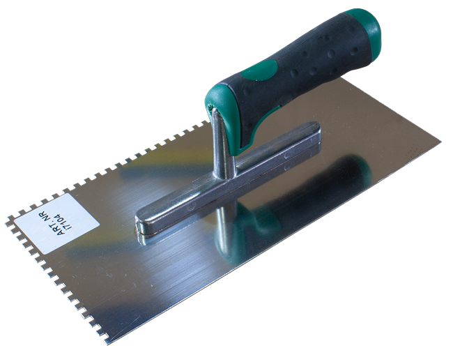 Терка плиточная Woffmann с зубьями 4х4 мм из нержавейки с резиновой ручкой 130х270 мм