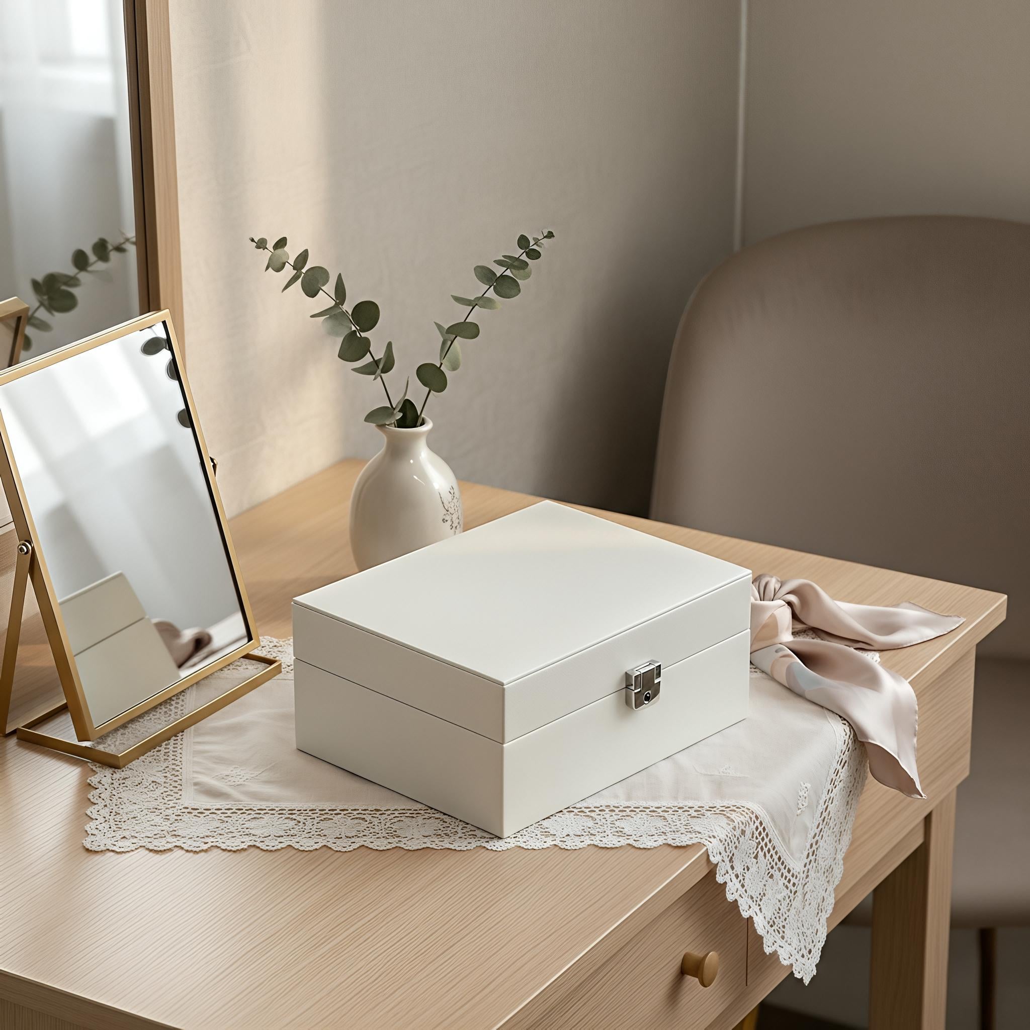 Шкатулка для украшений двухуровневая из экокожи 23х17х9 см с замком и отделениями для колец Белый (SHKPRY-1438)