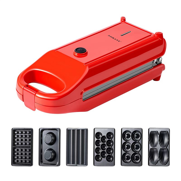 Мультипекарь двусторонний Sokany SK-BBQ-836 6в1 с 6 сменными антипригарными пластинами 700 Вт Красный (SK-BBQ-836)