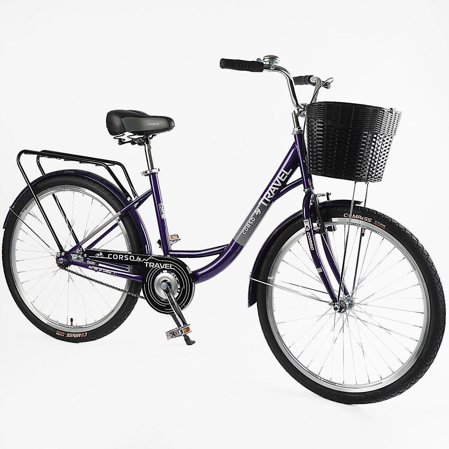 Велосипед городской Corso Travel с корзиной и багажником рама 16,5/26" Фиолетовый - фото 2 Велосипед городской Corso Travel с корзиной и багажником рама 16,5/26" Фиолетовый - фото 2