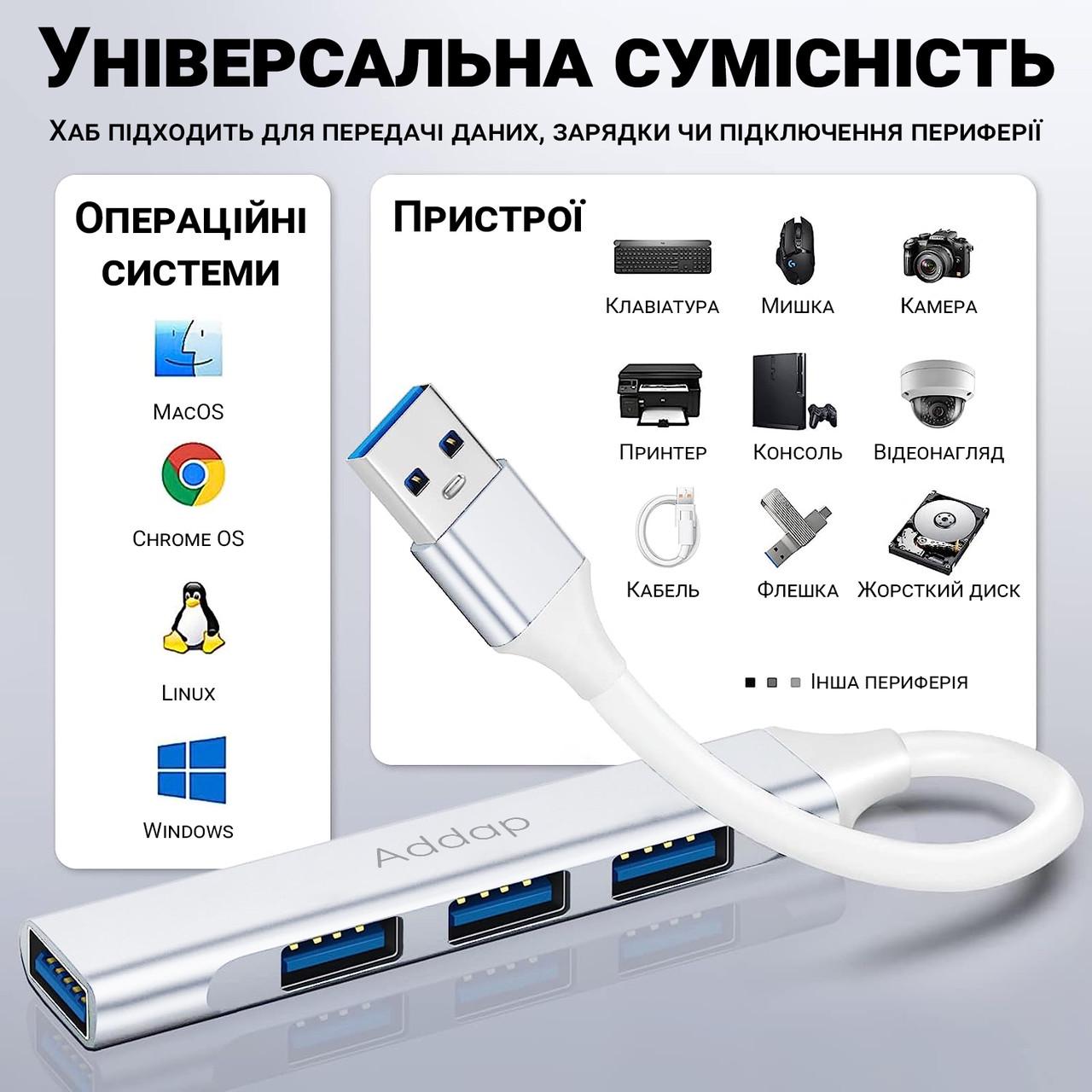 Хаб USB-A Addap UH-05 для ноутбука на 4 Usb порта Silver - фото 9