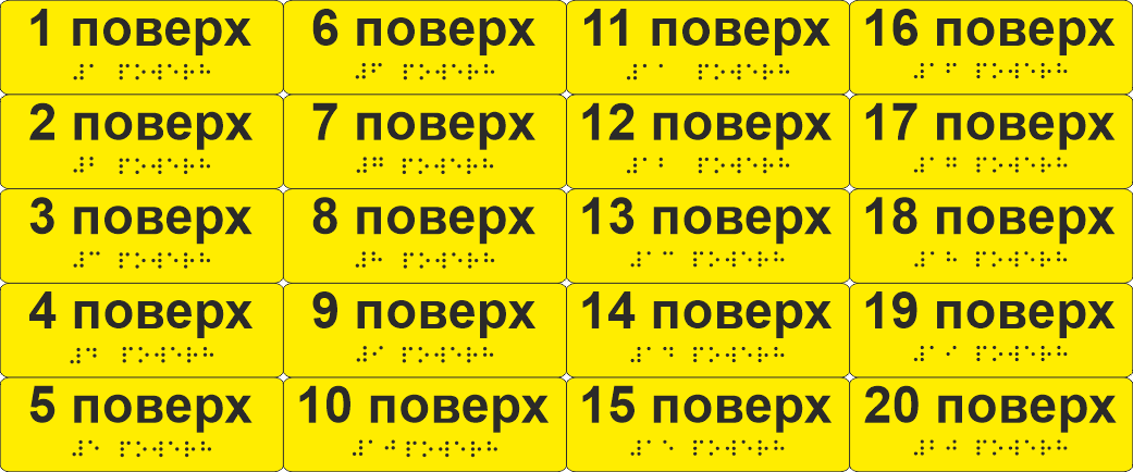 Комплект наклеек тактильных со шрифтом Брайля "1-20 поверх" 120х40 мм Желтый (33687040)