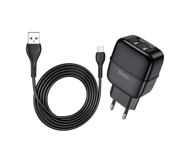 Пристрій зарядний мережевий Hoco С77A 2USB 2,4 A Type-C 1 м Чорний