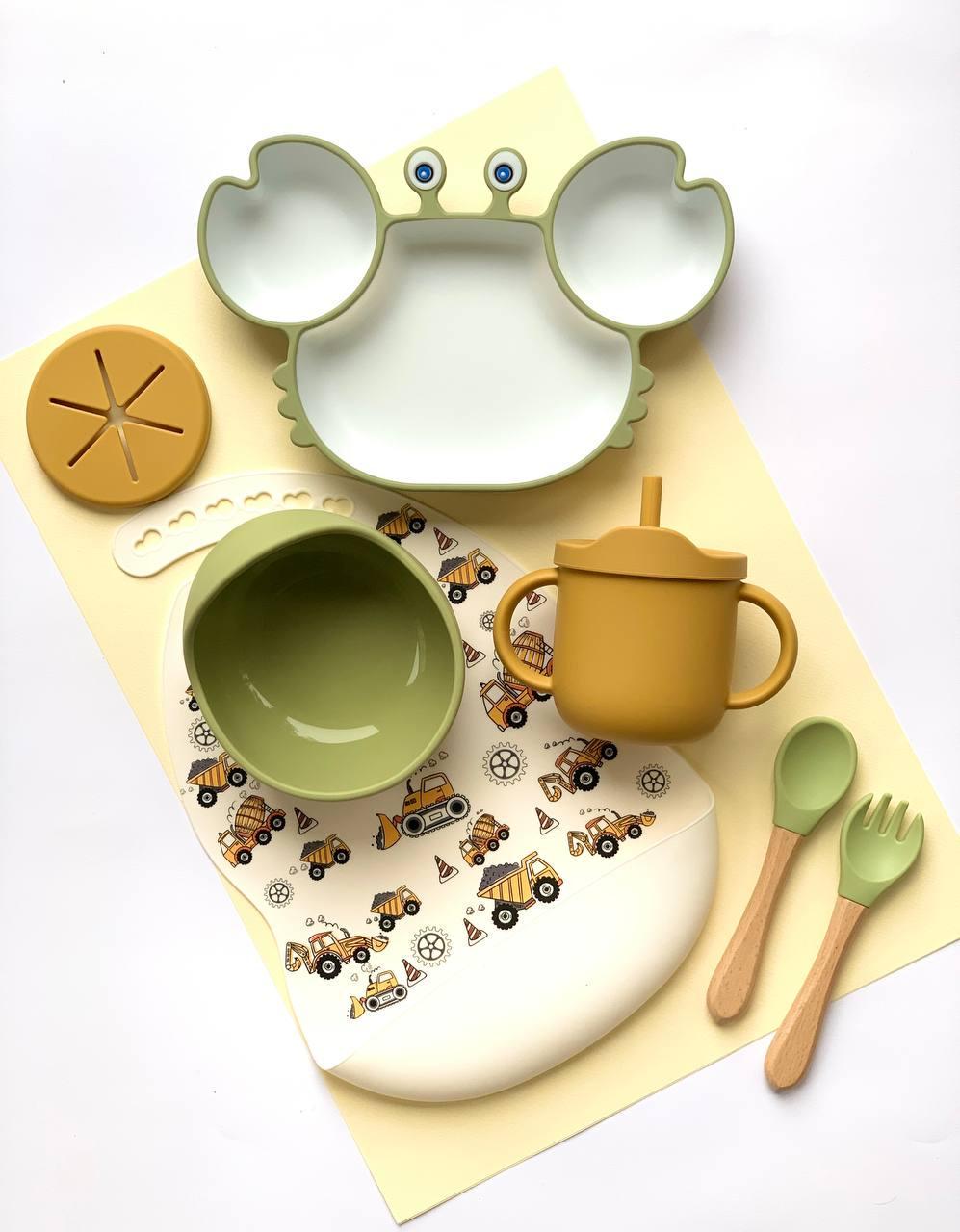 Набор детской силиконовой посуды на присосках 6 пр. Оливковый (2582)