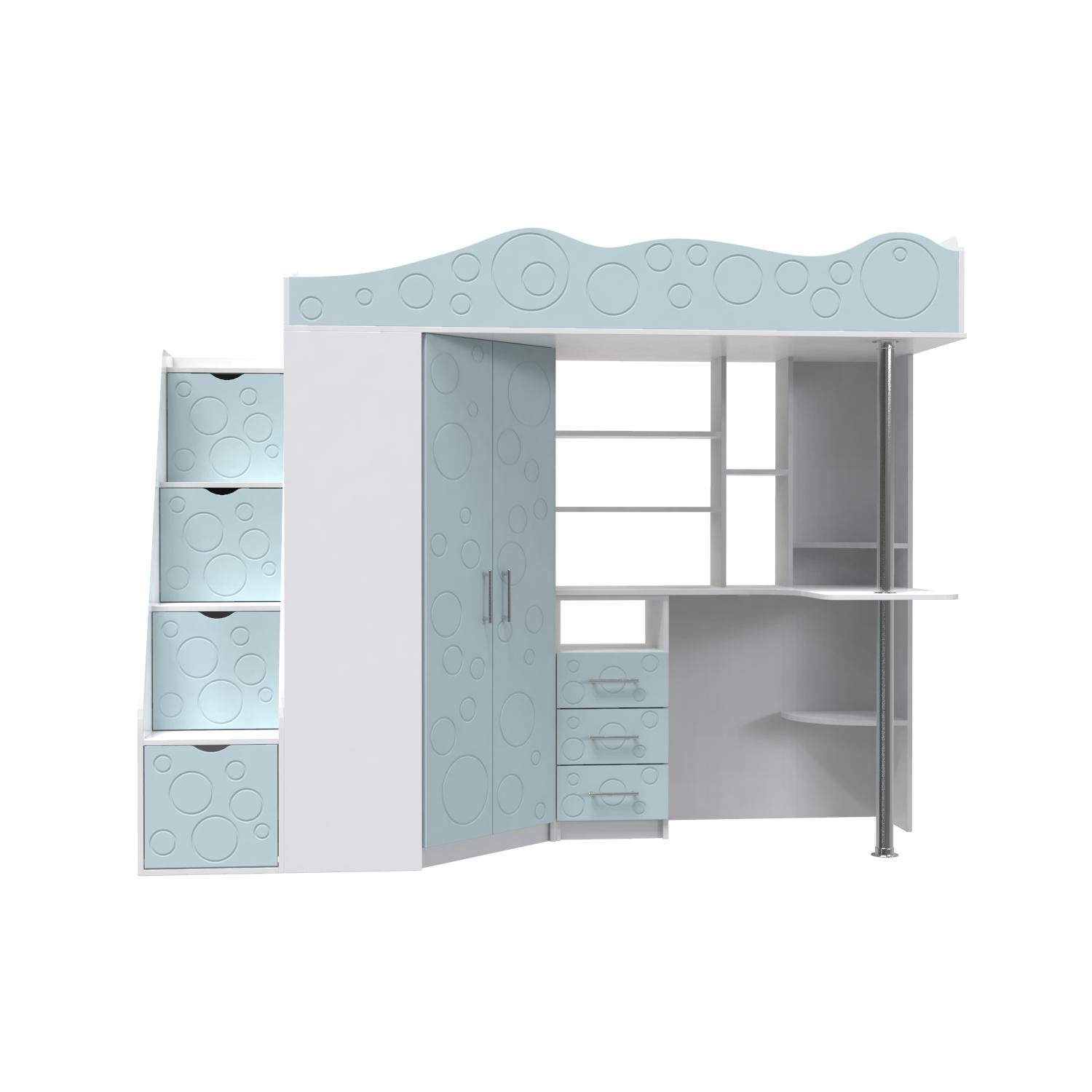 Кровать чердак Artinhead Binky ДС37А 2332х1800х832 с рабочей зоной и шкафом ЛДСП/МДФ Аляска/Голубая лагуна